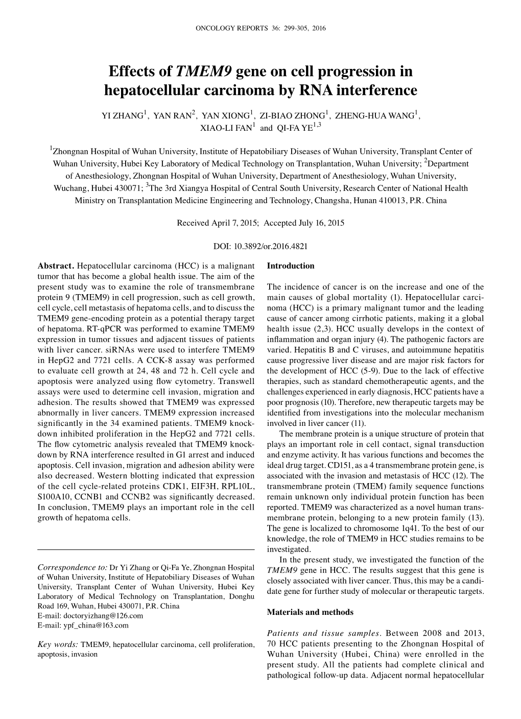 Effects of TMEM9 Gene on Cell Progression in Hepatocellular Carcinoma by RNA Interference