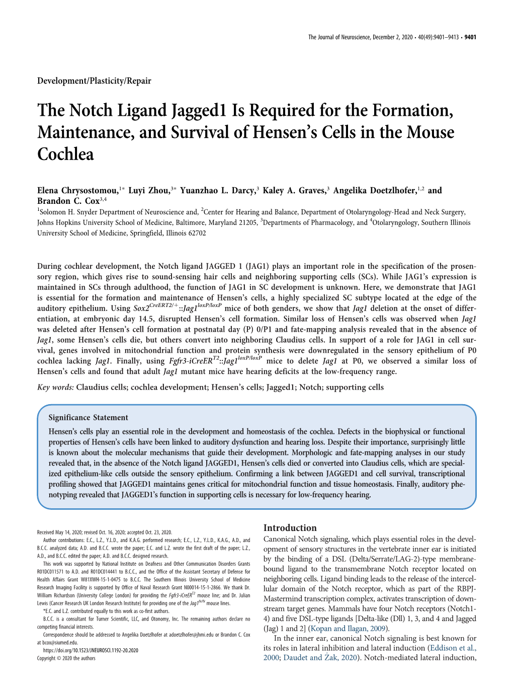 The Notch Ligand Jagged1 Is Required for the Formation, Maintenance, and Survival of Hensen’S Cells in the Mouse Cochlea