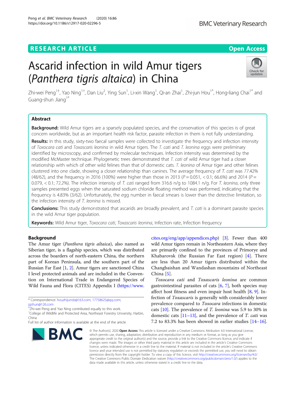 Ascarid Infection in Wild Amur Tigers
