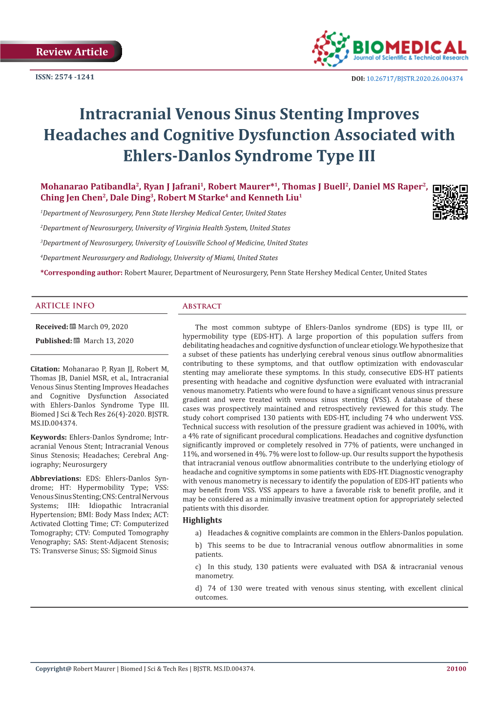 Intracranial Venous Sinus Stenting Improves Headaches and Cognitive Dysfunction Associated with Ehlers-Danlos Syndrome Type III