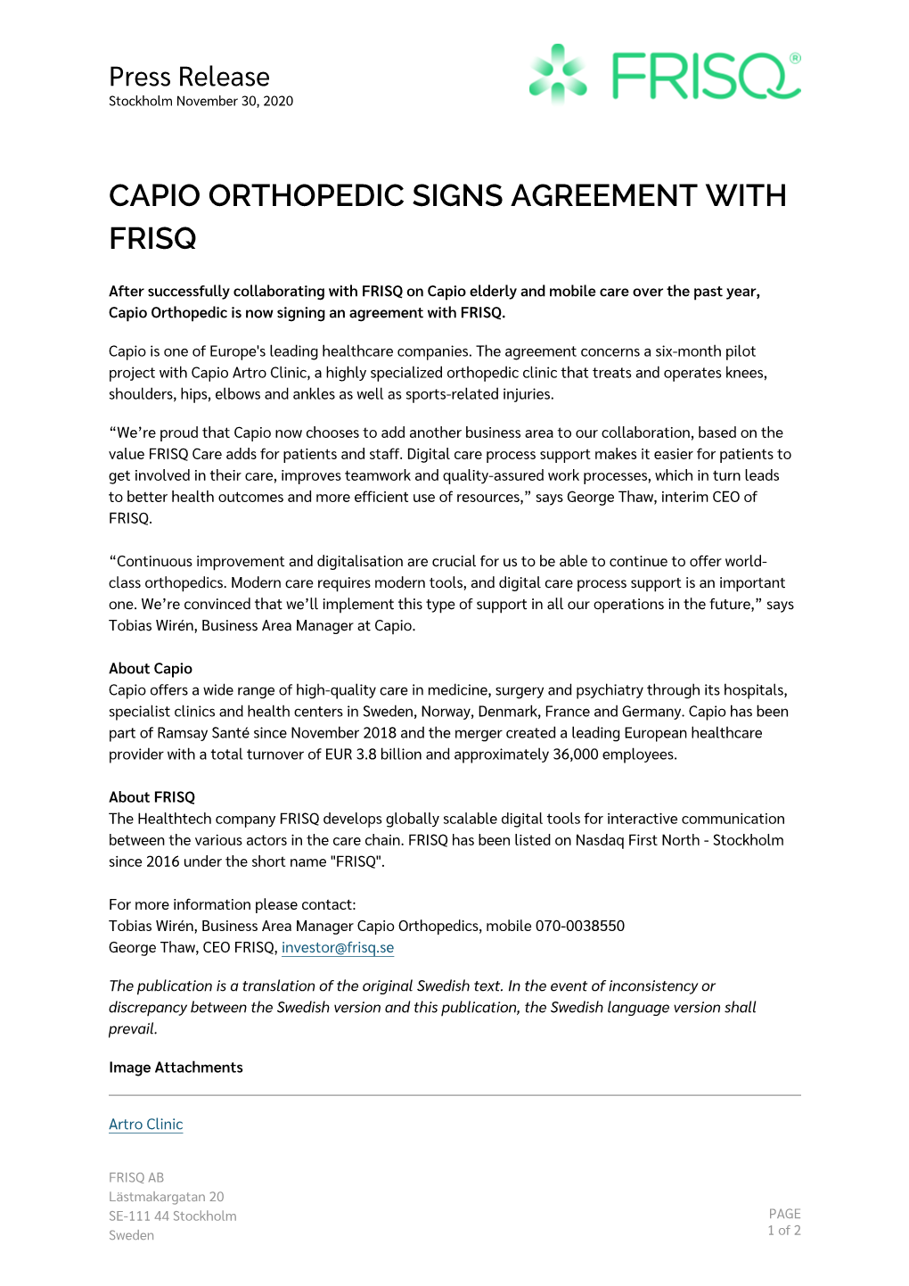 Capio Orthopedic Signs Agreement with Frisq