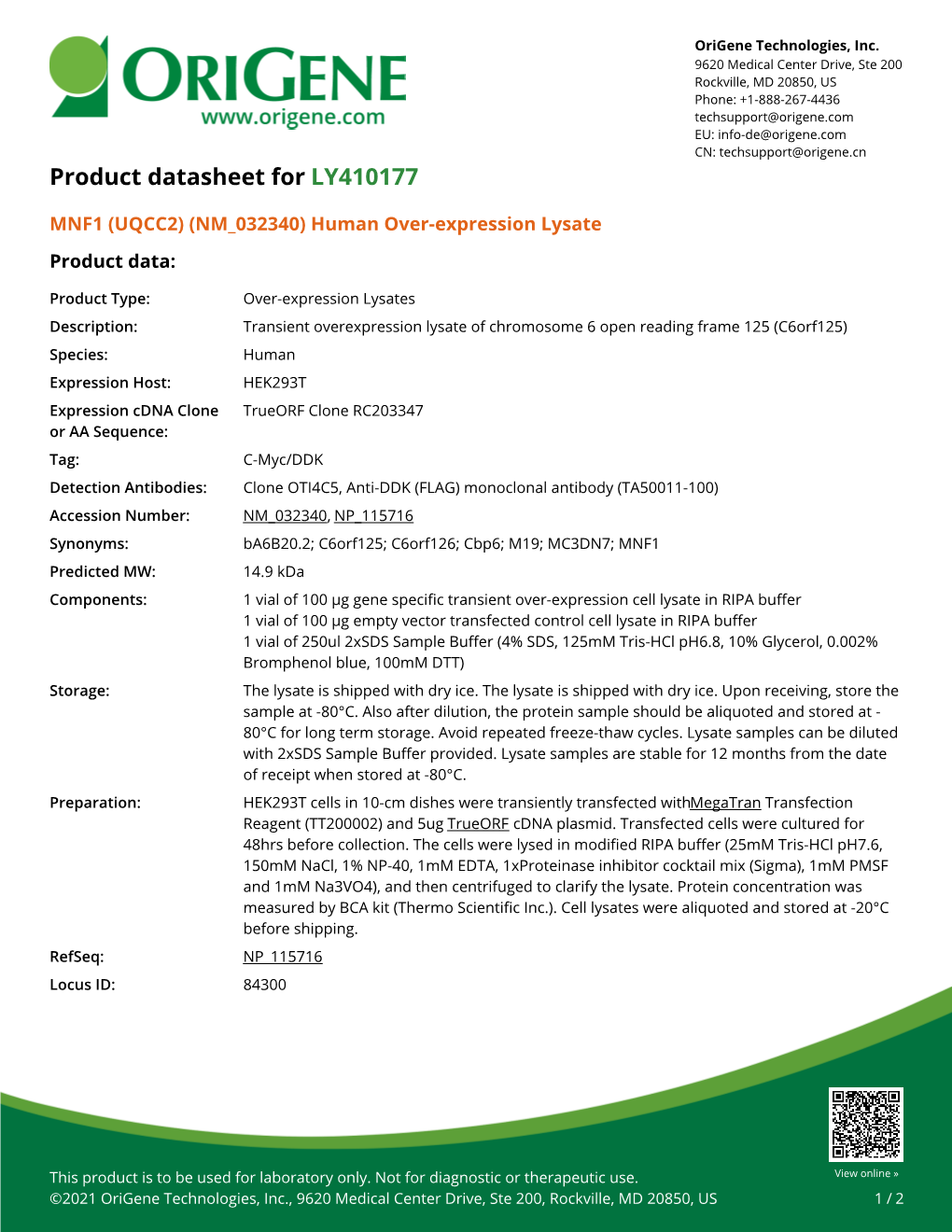 MNF1 (UQCC2) (NM 032340) Human Over-Expression Lysate Product Data