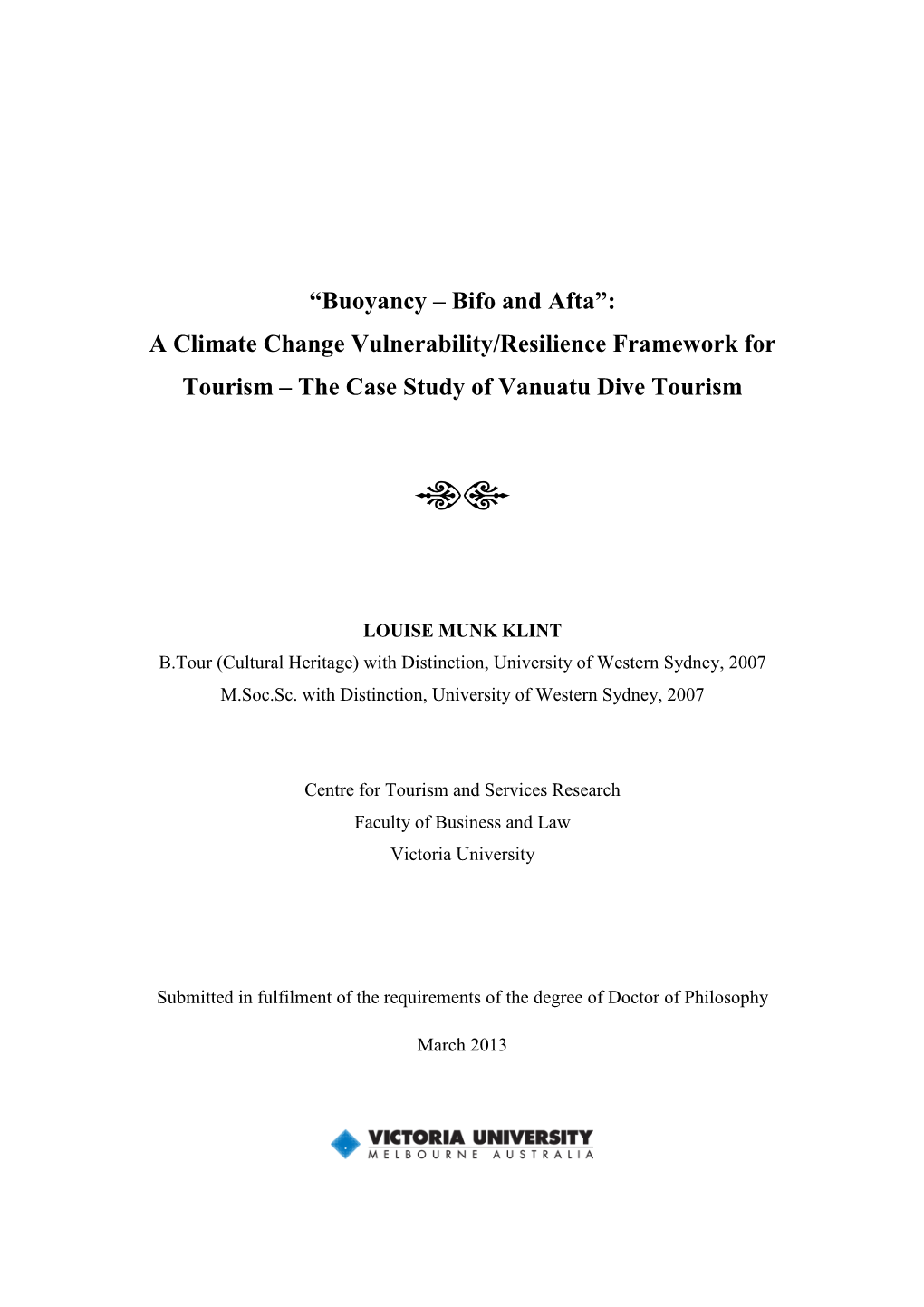 A Climate Change Vulnerability/Resilience Framework for Tourism – the Case Study of Vanuatu Dive Tourism