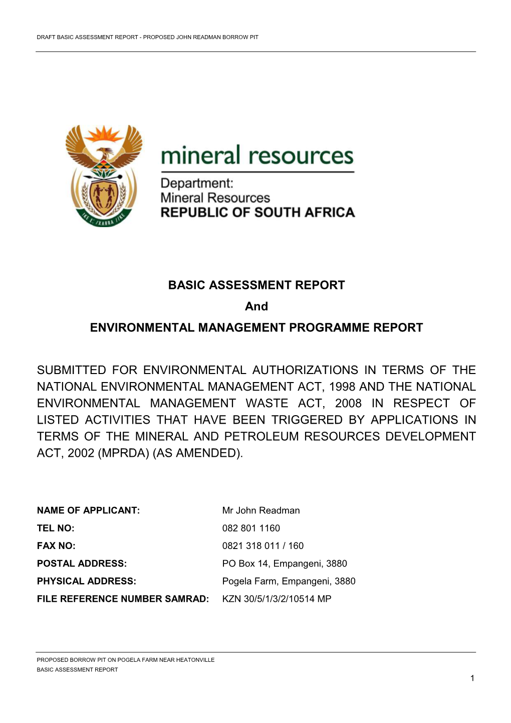 BASIC ASSESSMENT REPORT and ENVIRONMENTAL MANAGEMENT PROGRAMME REPORT