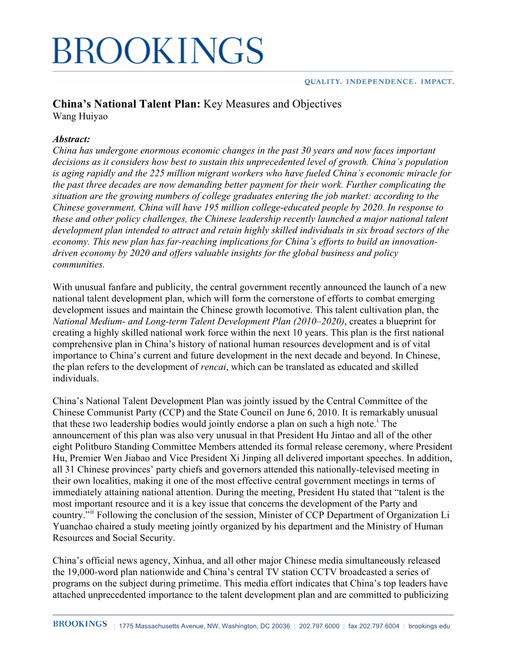 China's National Talent Plan: Key Measures and Objectives