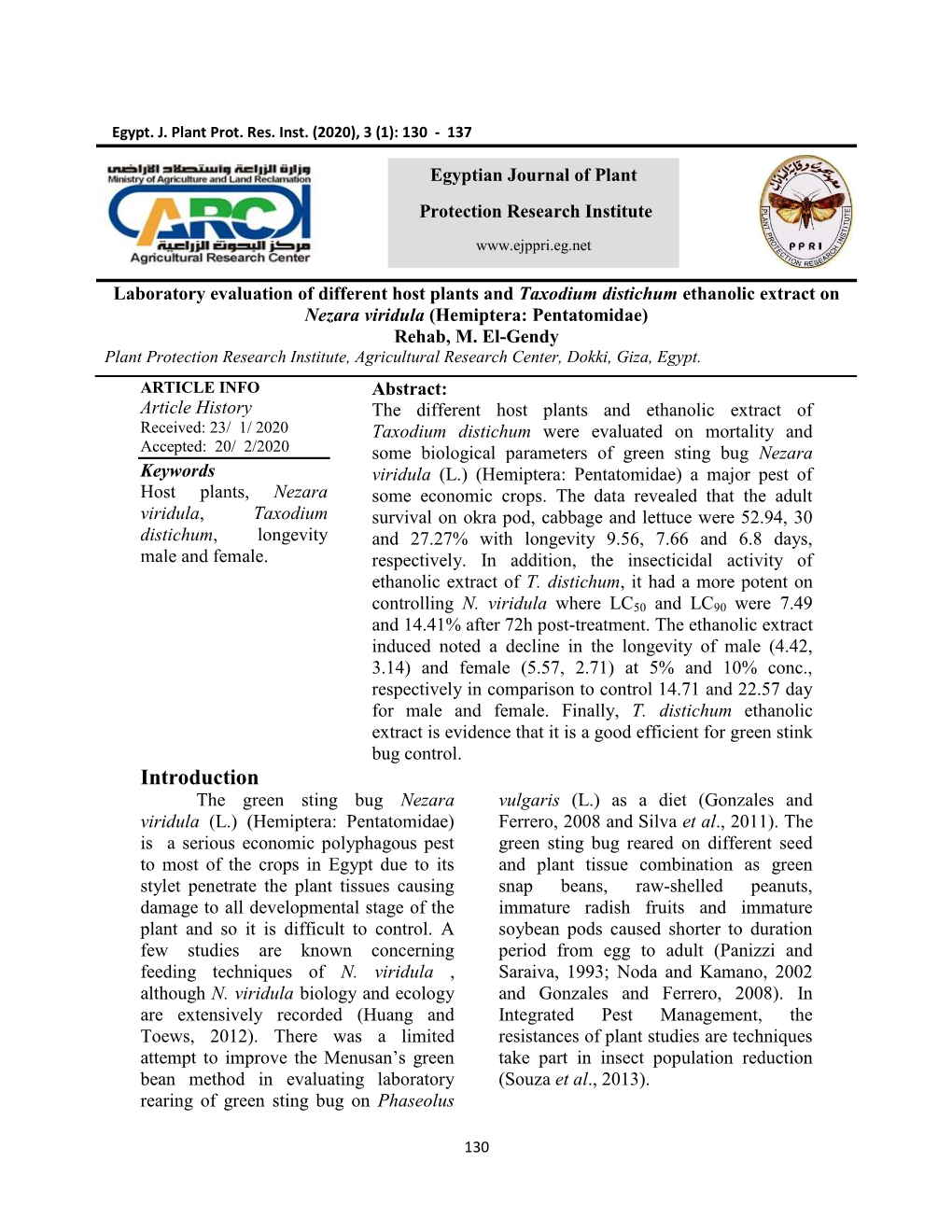 Laboratory Evaluation of Different Host Plants and Taxodium Distichum Ethanolic Extract on Nezara Viridula (Hemiptera: Pentatomidae) Rehab, M