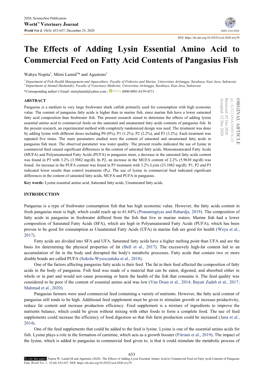 The Effects of Adding Lysin Essential Amino Acid to Commercial Feed on Fatty Acid Contents of Pangasius Fish