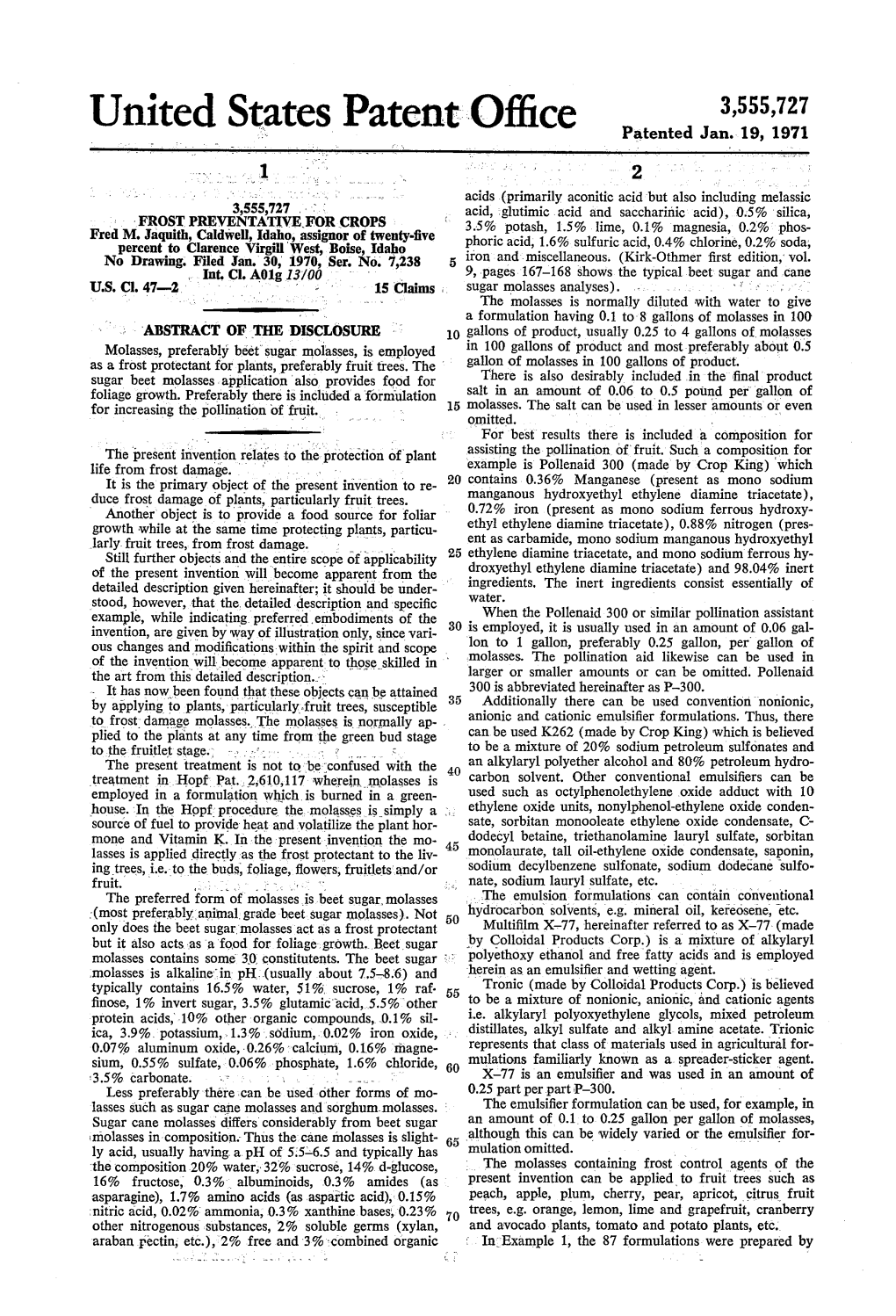 United States Patent Office 2 Acids (Primarily Aconitic Acid but Also Including Melassic 3,555,727