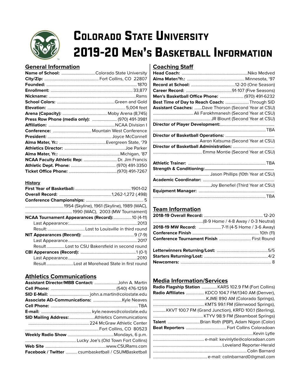 Colorado State University 2019-20 Men's Basketball Information