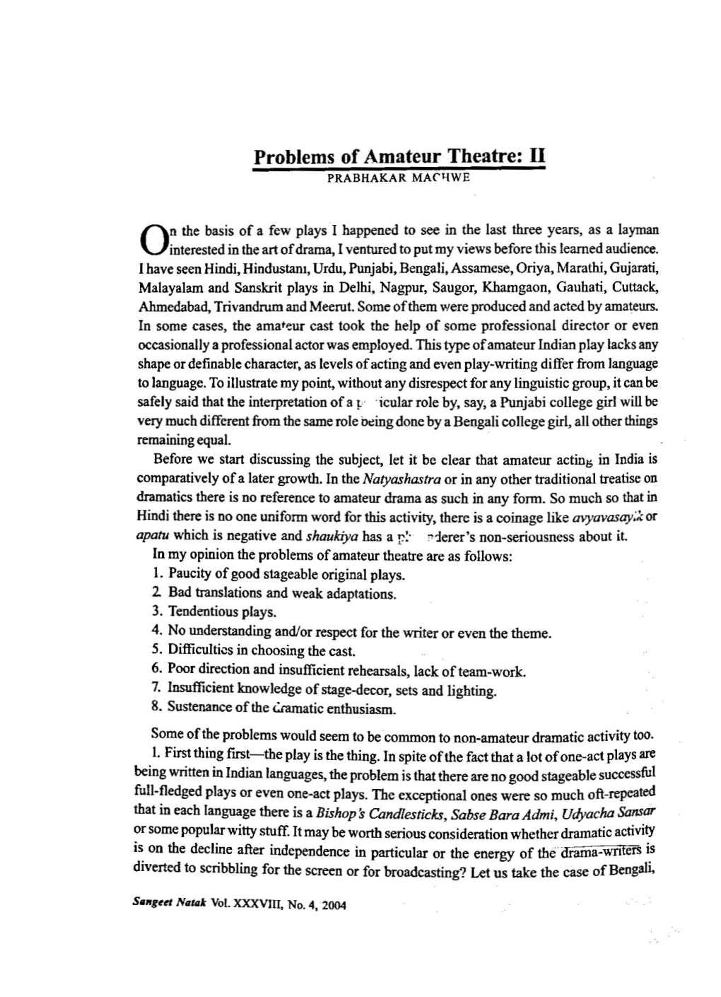 Problems of Amateur Theatre: II PRABHAKAR MAC'\WE