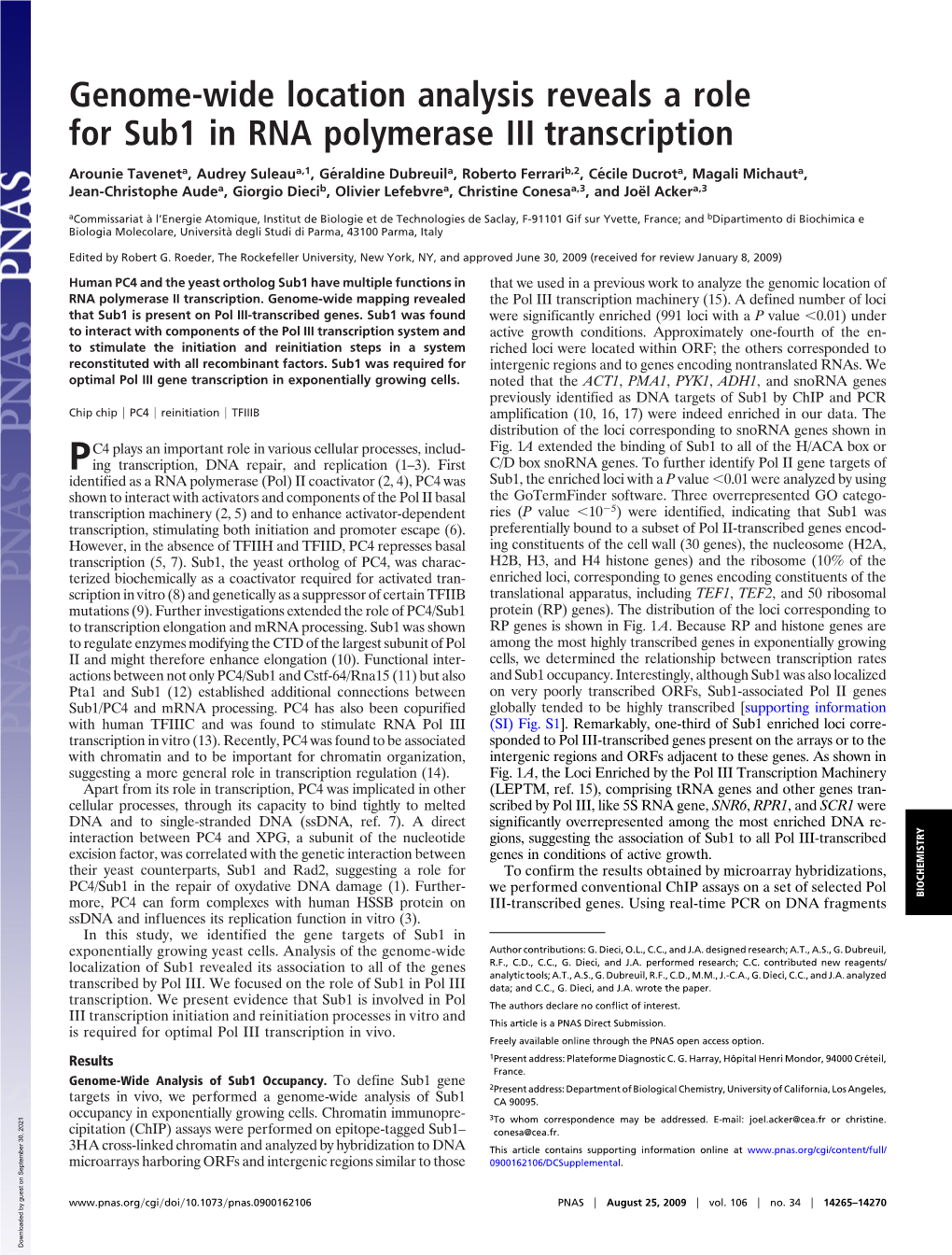 Genome-Wide Location Analysis Reveals a Role for Sub1 in RNA Polymerase III Transcription