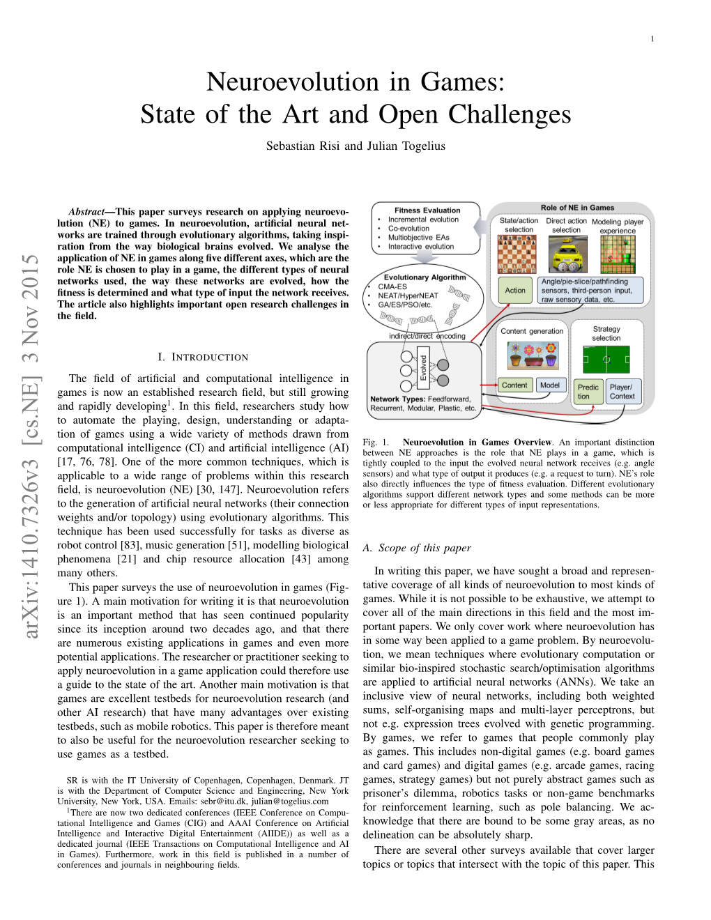 Neuroevolution in Games: State of the Art and Open Challenges Sebastian Risi and Julian Togelius