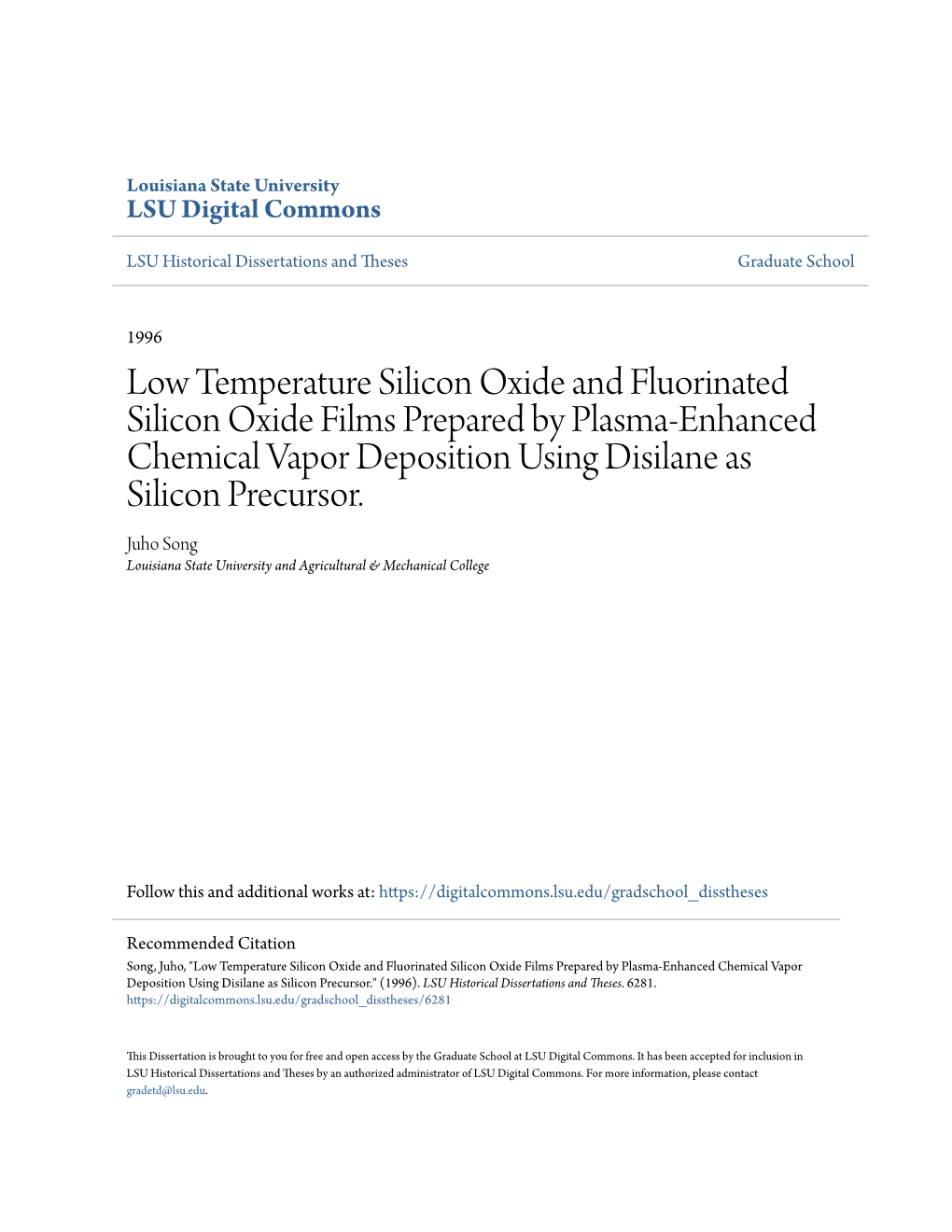 Low Temperature Silicon Oxide and Fluorinated Silicon Oxide Films Prepared by Plasma-Enhanced Chemical Vapor Deposition Using Disilane As Silicon Precursor