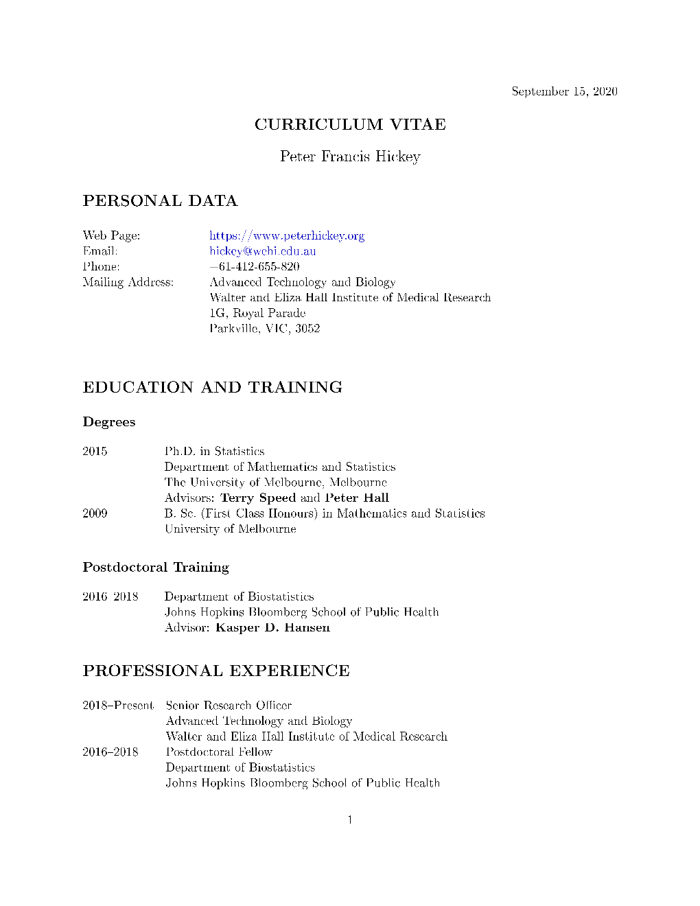 CURRICULUM VITAE Peter Francis Hickey