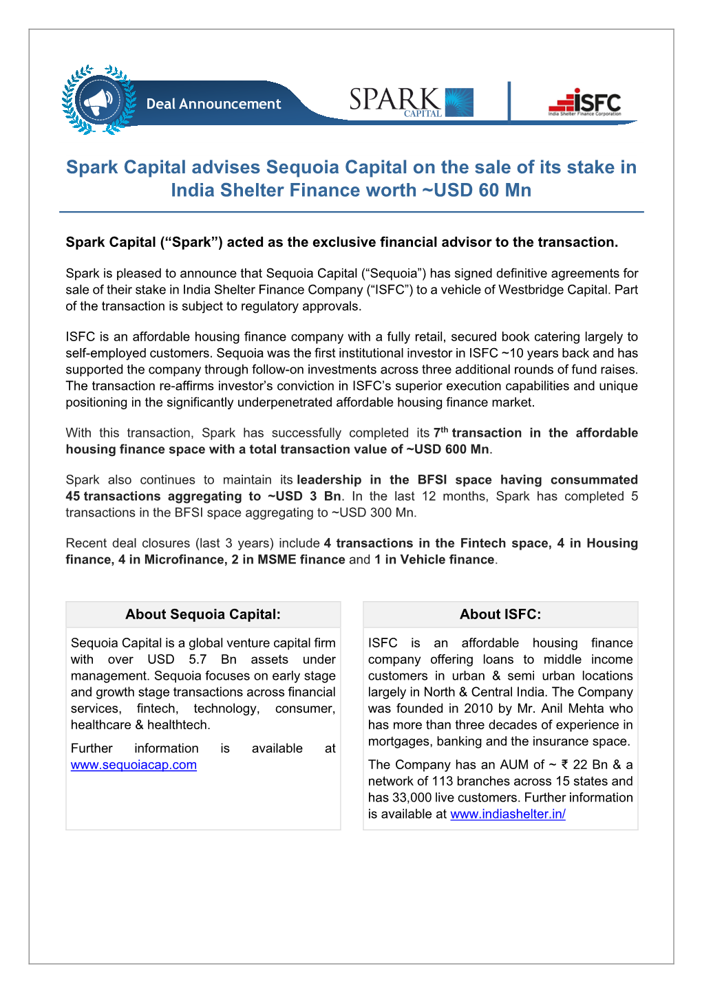 Spark Capital Advises Sequoia Capital on the Sale of Its Stake in India Shelter Finance Worth ~USD 60 Mn