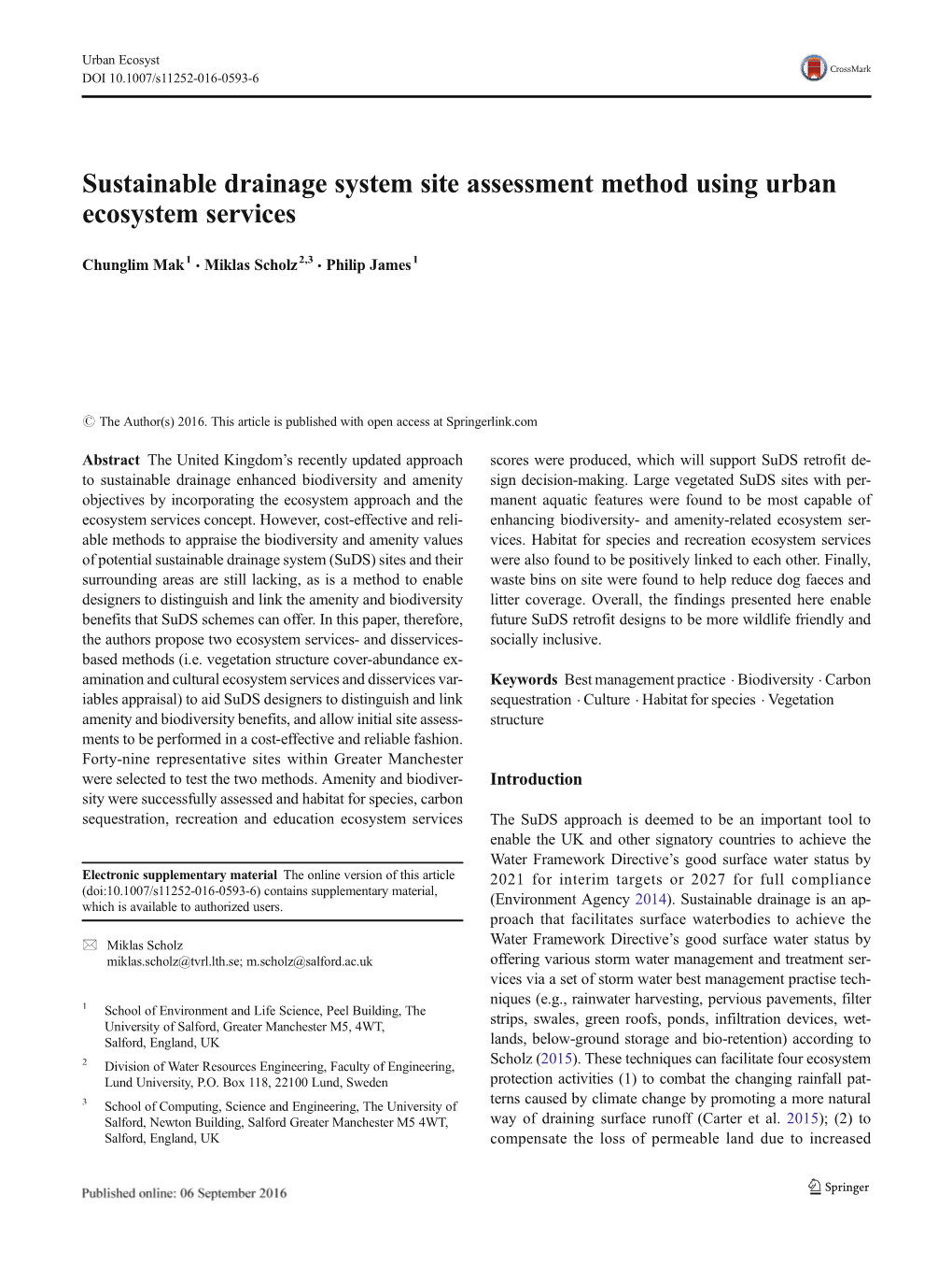 Sustainable Drainage System Site Assessment Method Using Urban Ecosystem Services