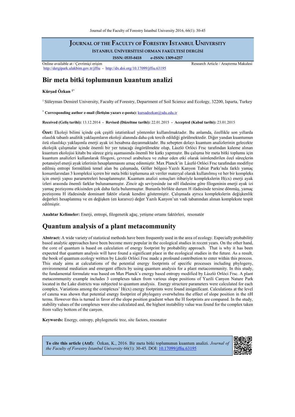 Bir Meta Bitki Toplumunun Kuantum Analizi Quantum Analysis of a Plant