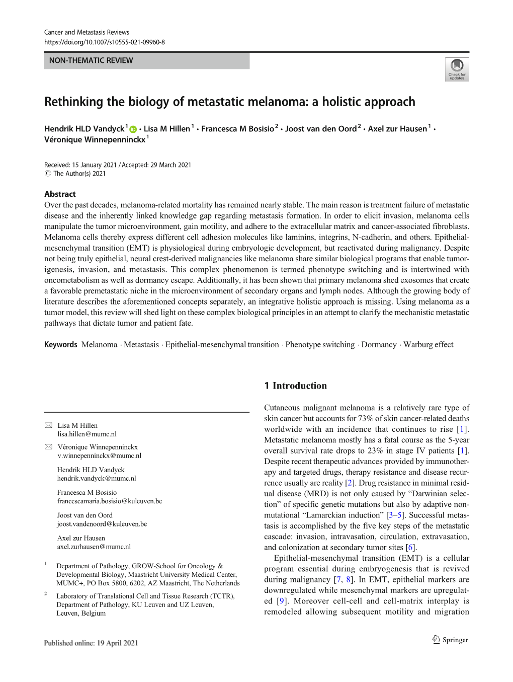 Rethinking the Biology of Metastatic Melanoma: a Holistic Approach