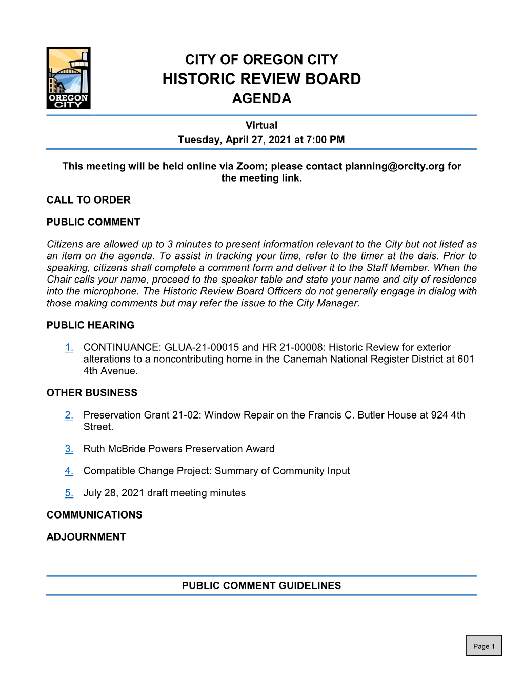 Historic Review Board Agenda