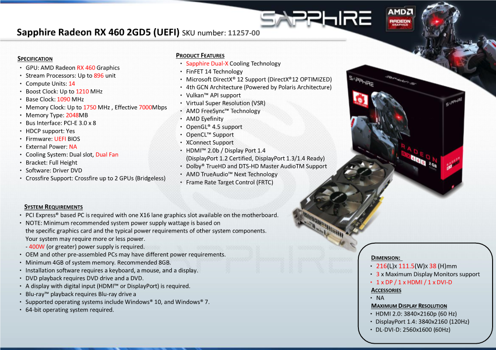 Sapphire Radeon RX 460 2GD5 (UEFI) SKU Number: 11257-00