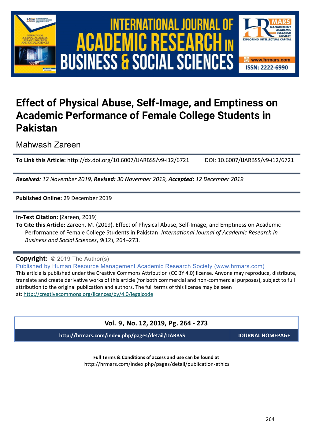 Effect of Physical Abuse, Self-Image, and Emptiness on Academic Performance of Female College Students in Pakistan
