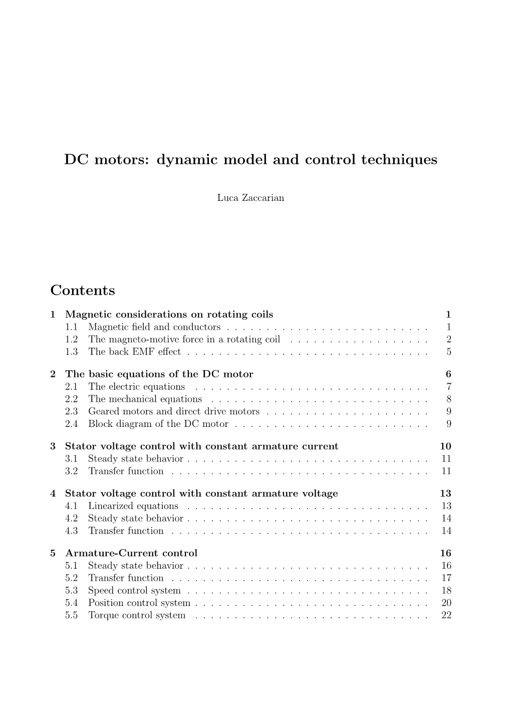 DC Motors: Dynamic Model and Control Techniques Contents