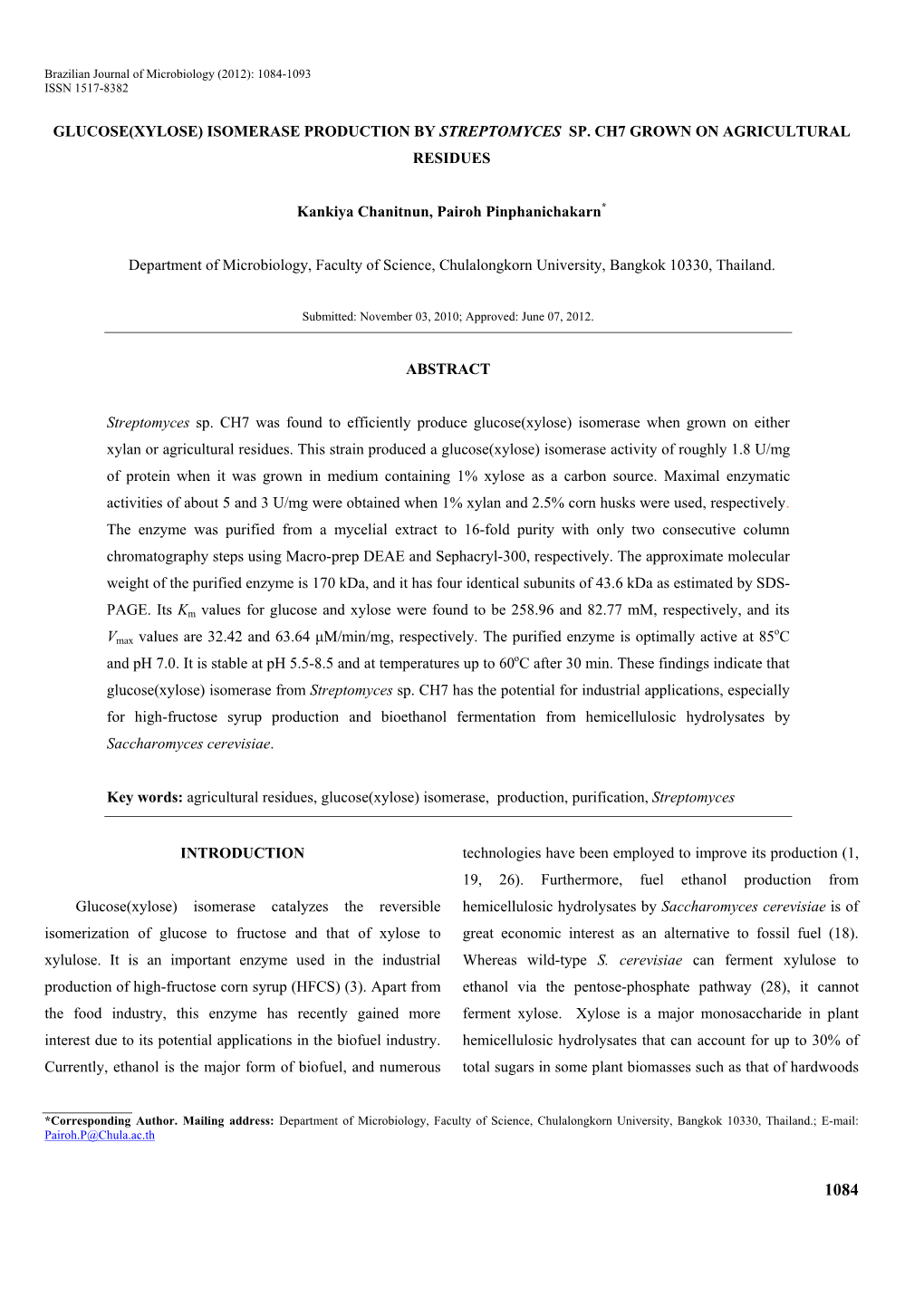 Glucose(Xylose) Isomerase Production by Streptomyces Sp. Ch7 Grown on Agricultural Residues