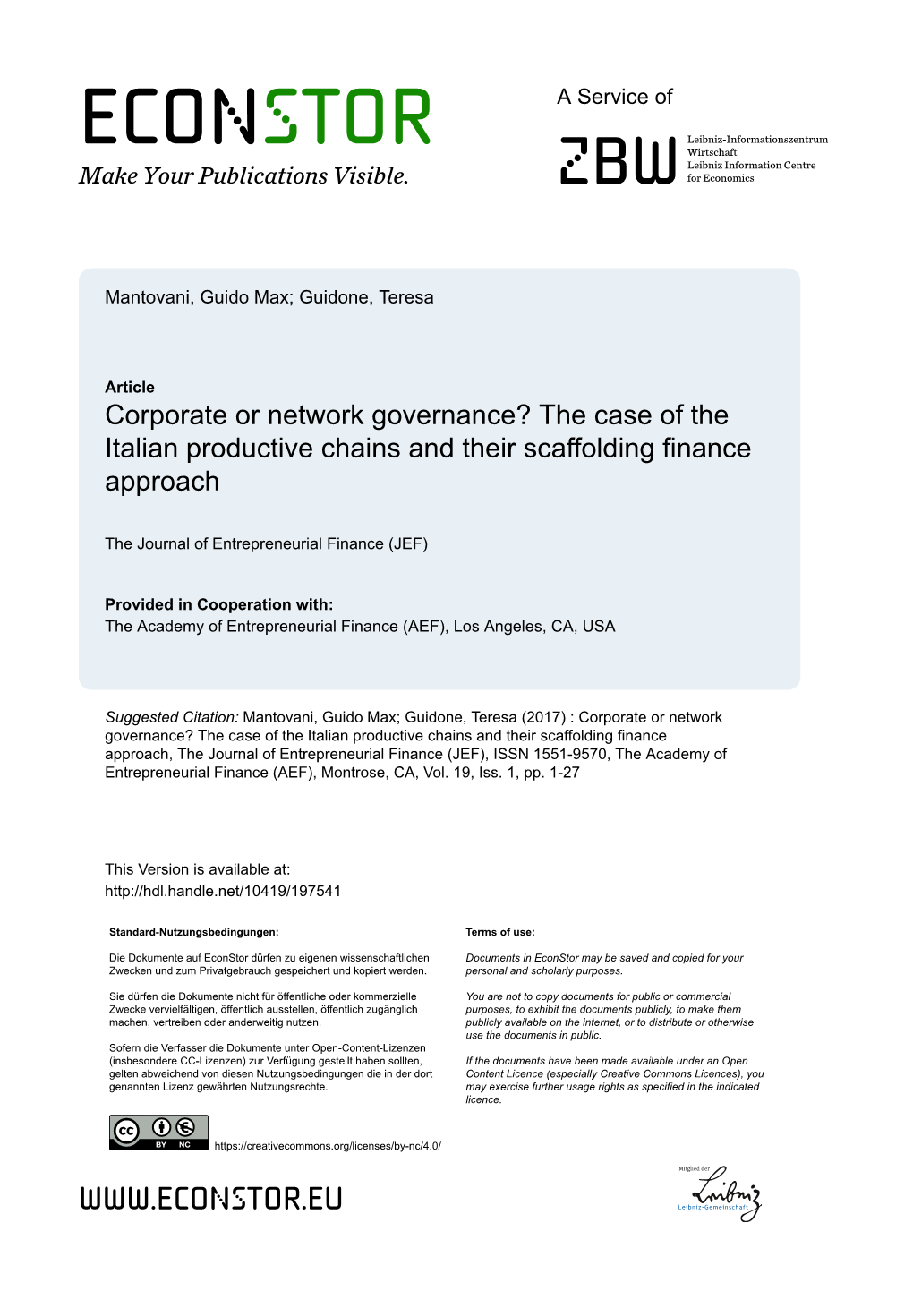 Corporate Or Network Governance? the Case of the Italian Productive Chains and Their Scaffolding Finance Approach