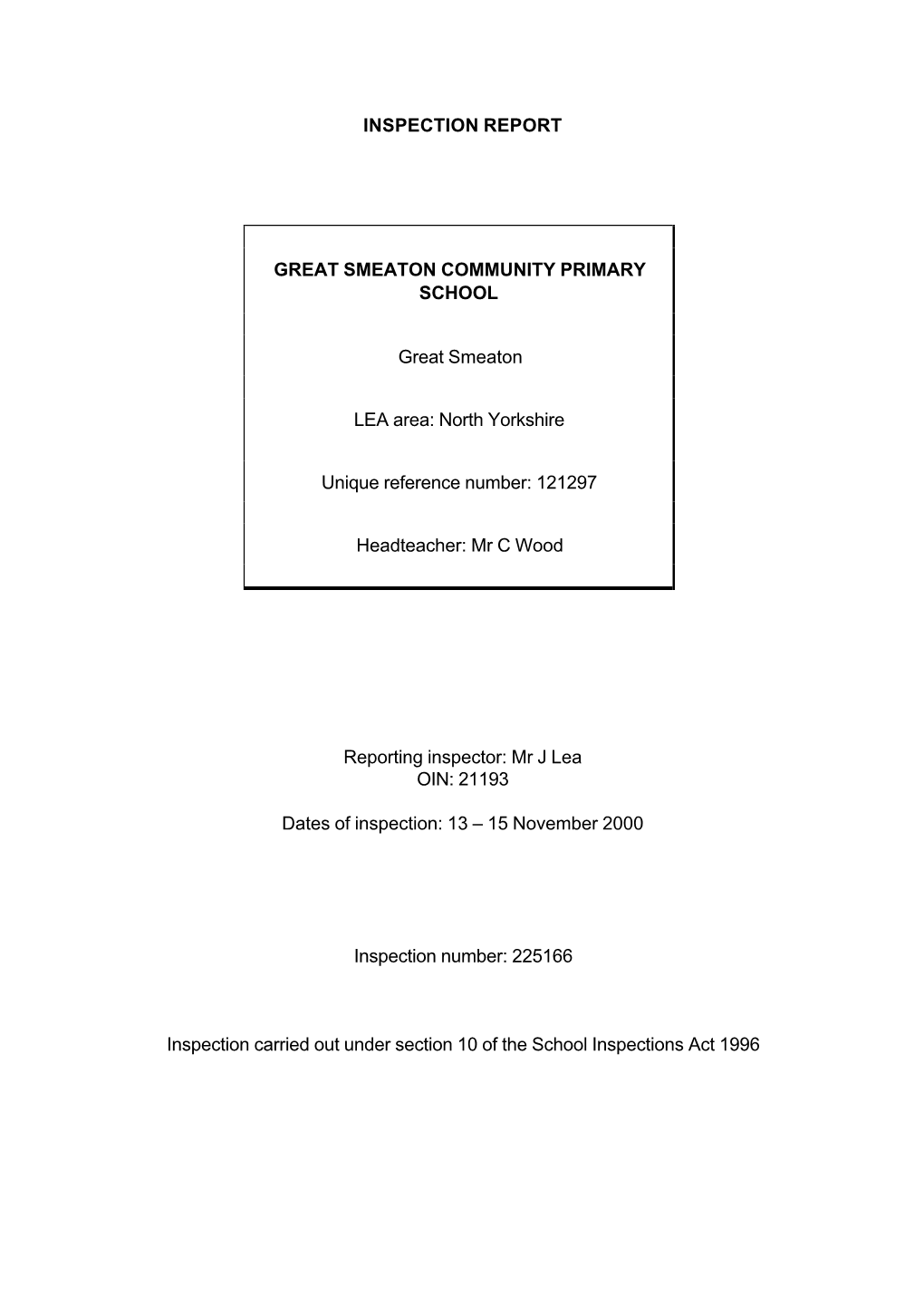 Inspection Report Great Smeaton Community Primary