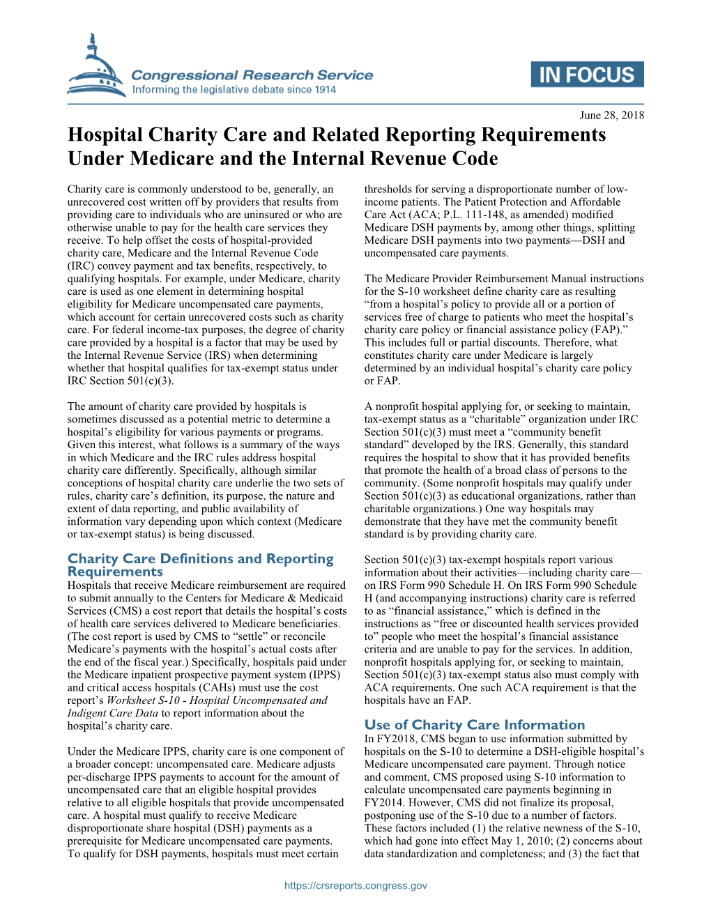 Hospital Charity Care and Related Reporting Requirements Under Medicare and the Internal Revenue Code