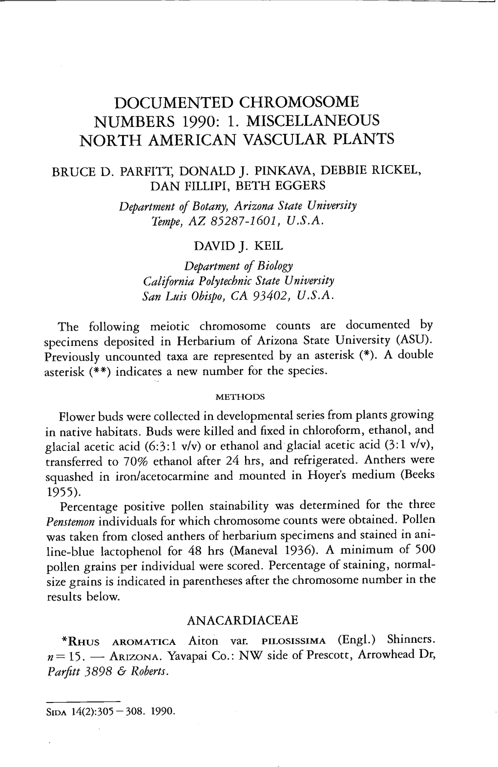 Documented Chromosome Numbers 1990: 1. Miscellaneous North American Vascular Plants