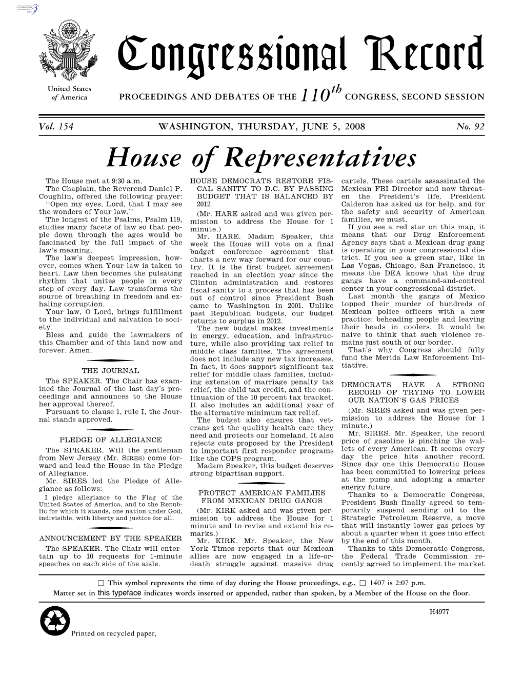 Congressional Record United States Th of America PROCEEDINGS and DEBATES of the 110 CONGRESS, SECOND SESSION