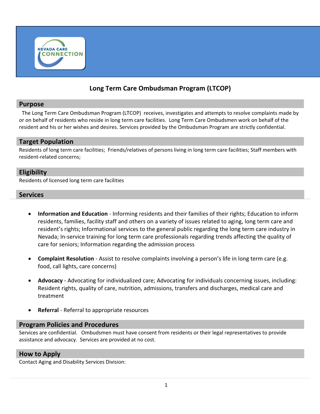 Long Term Care Ombudsman Program (LTCOP) s1