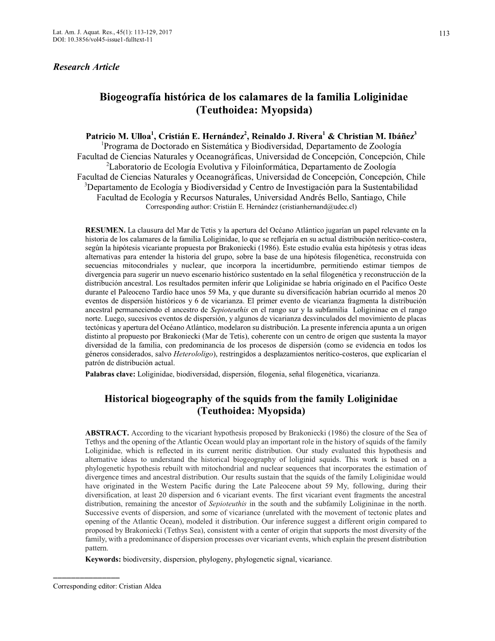 Biogeografía Histórica De Los Calamares De La Familia Loliginidae (Teuthoidea: Myopsida)