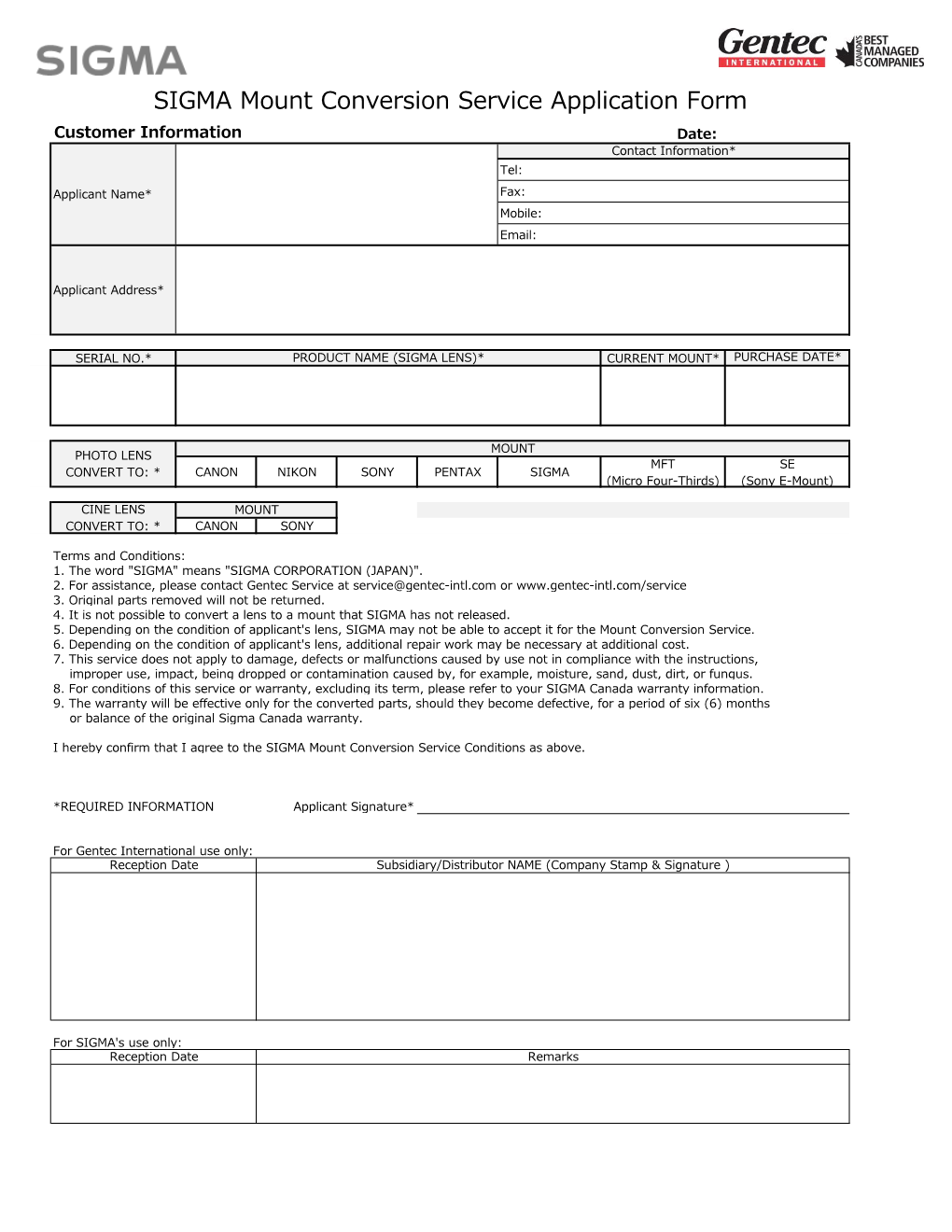 SIGMA Mount Conversion Service Application Form
