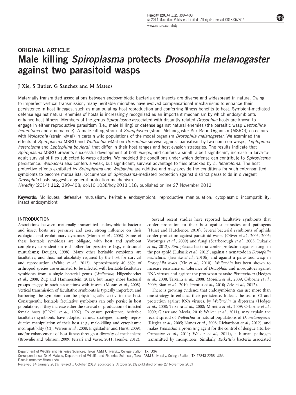 Male Killing Spiroplasma Protects Drosophila Melanogaster Against Two Parasitoid Wasps