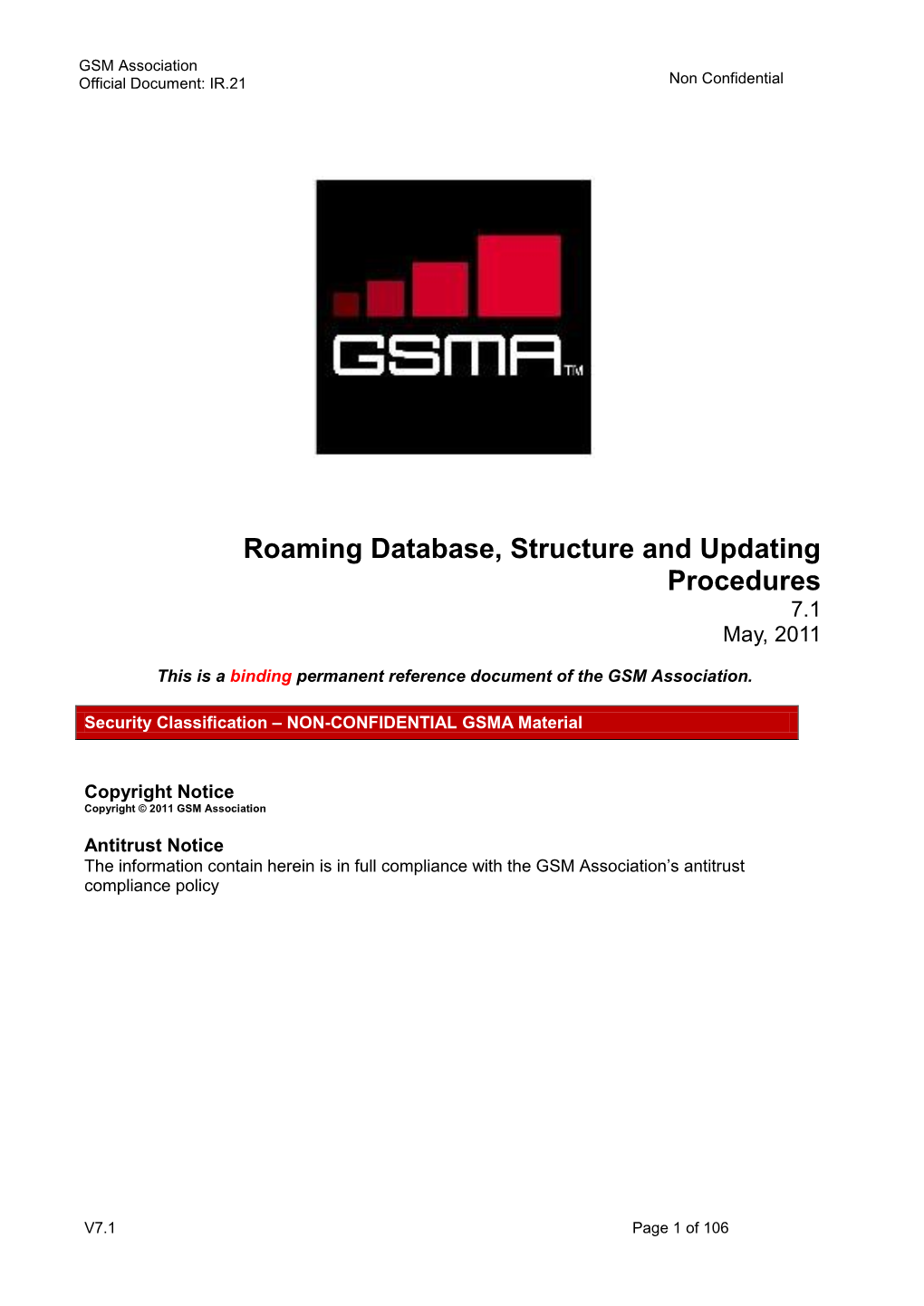 Roaming Database, Structure and Updating Procedures 7.1 May, 2011