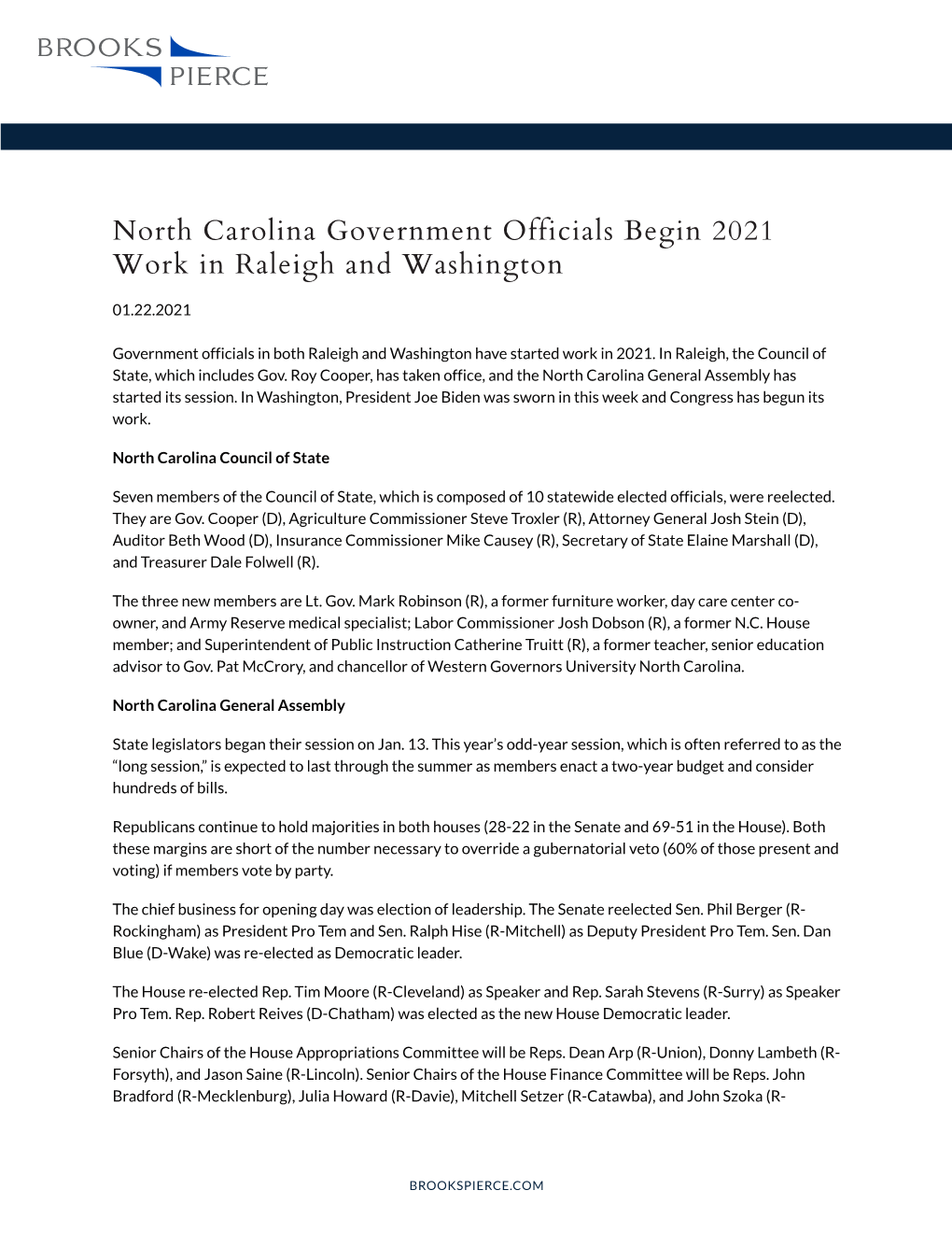 North Carolina Government Officials Begin 2021 Work in Raleigh and Washington