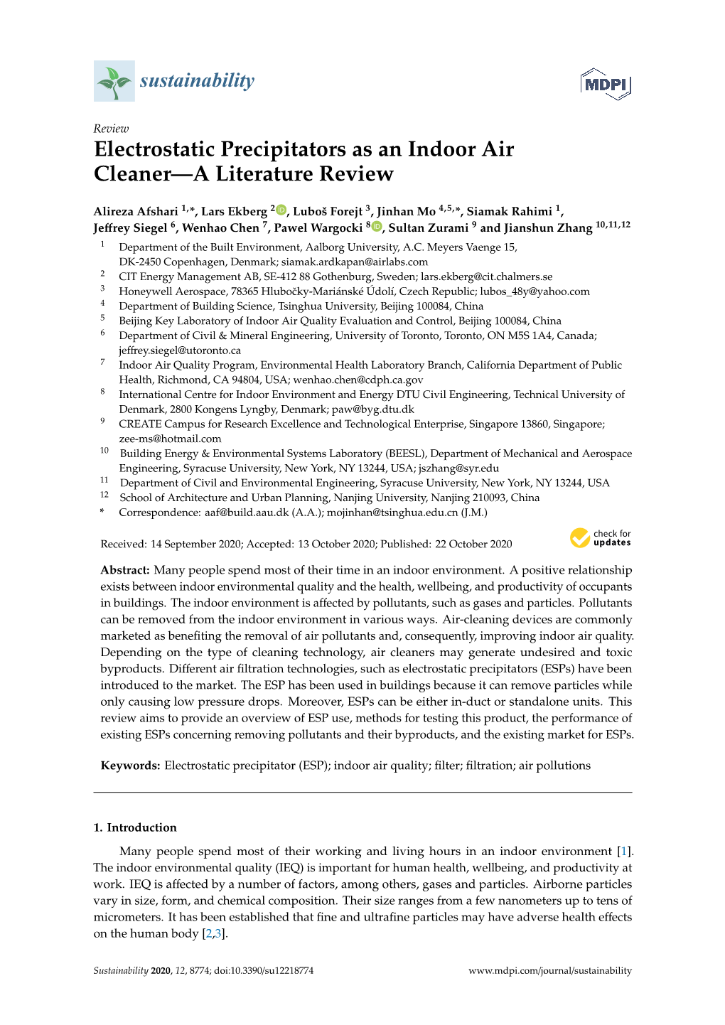 Electrostatic Precipitators As an Indoor Air Cleaner—A Literature Review