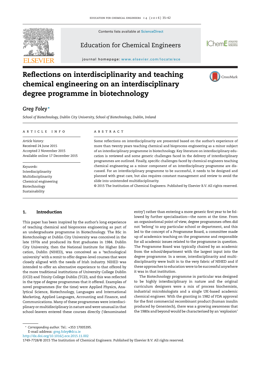 Reflections on Interdisciplinarity and Teaching Chemical Engineering On