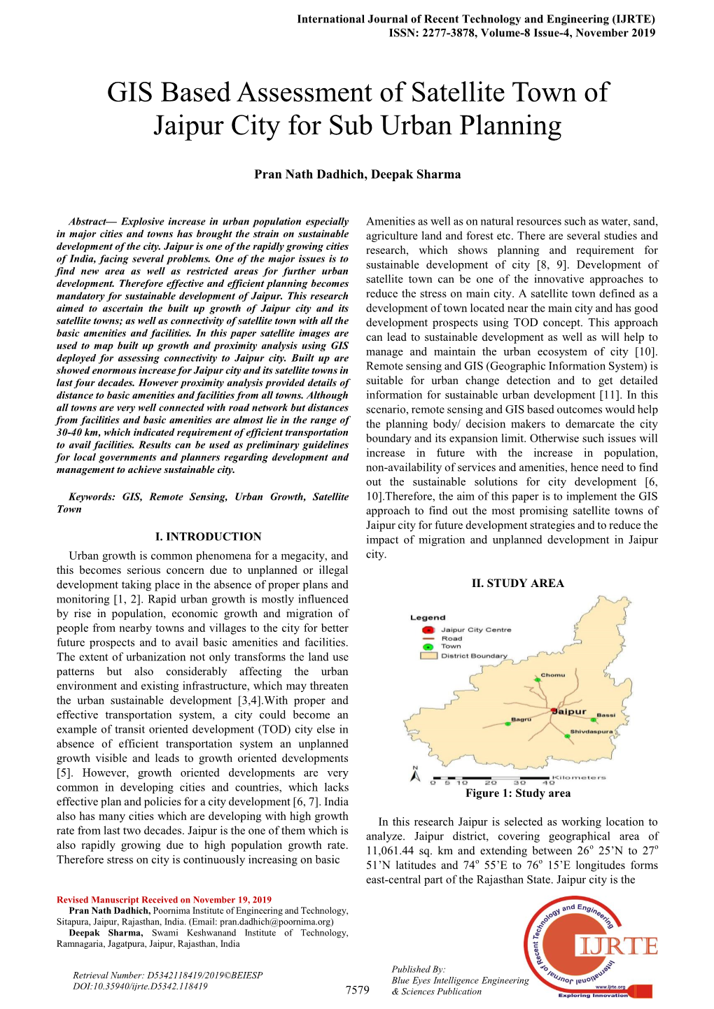 GIS Based Assessment of Satellite Town of Jaipur City for Sub Urban Planning