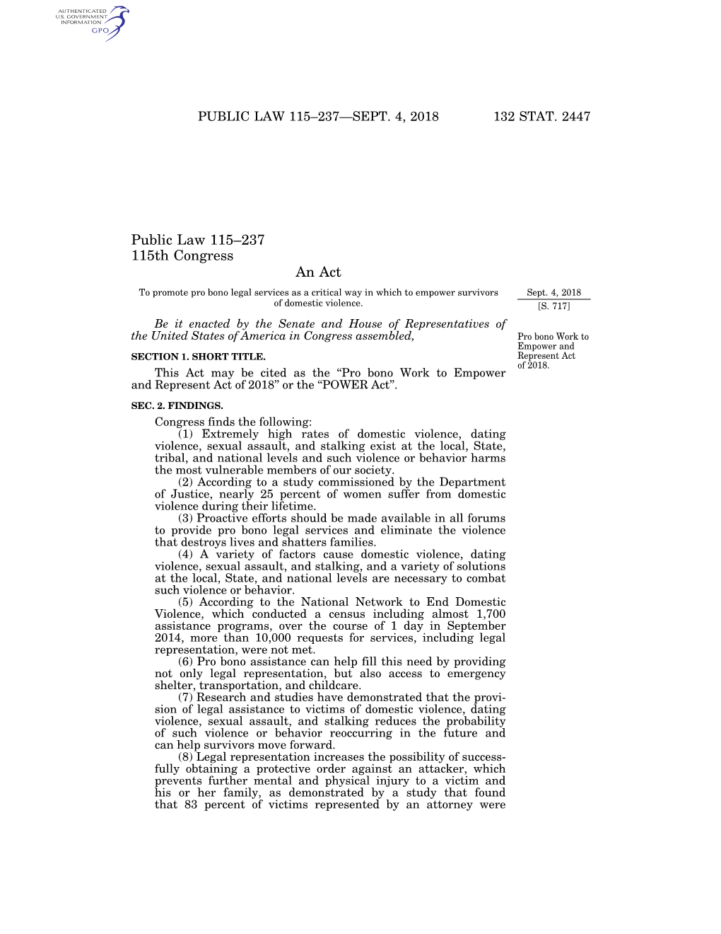 Public Law 115–237 115Th Congress an Act to Promote Pro Bono Legal Services As a Critical Way in Which to Empower Survivors Sept