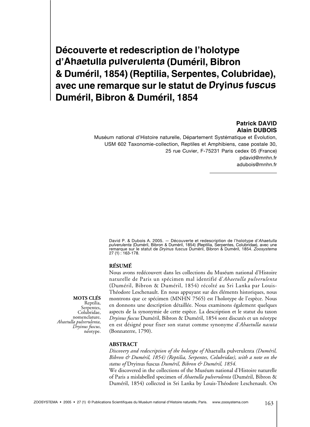 Découverte Et Redescription De L'holotype D'ahaetulla Pulverulenta