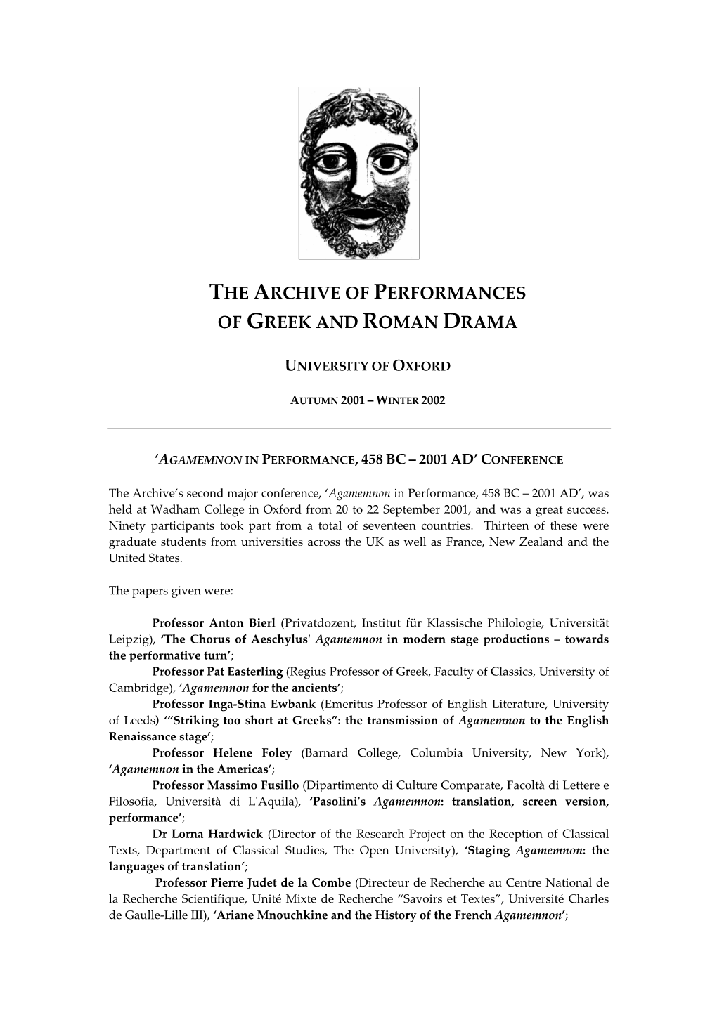 The Archive of Performances of Greek and Roman Drama