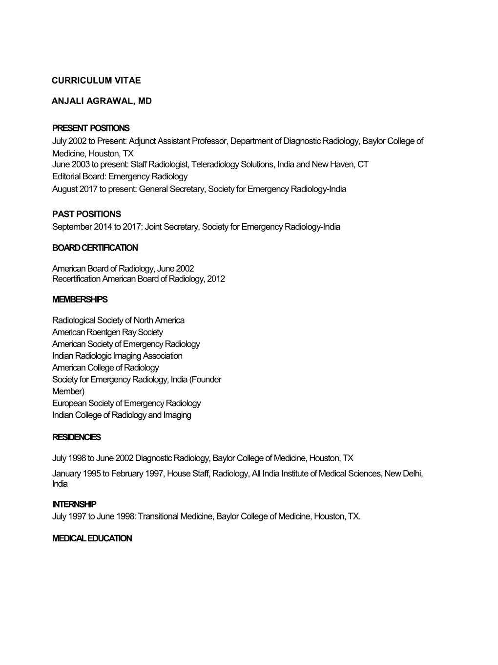 Curriculum Vitae Anjali Agrawal, Md Present