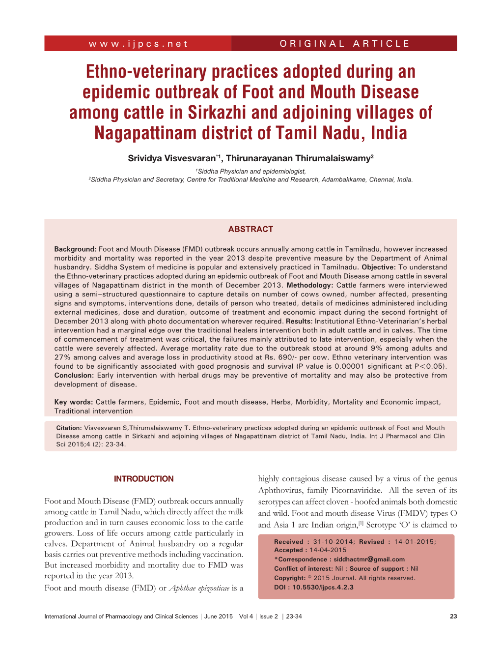 Ethno-Veterinary Practices Adopted During an Epidemic Outbreak Of