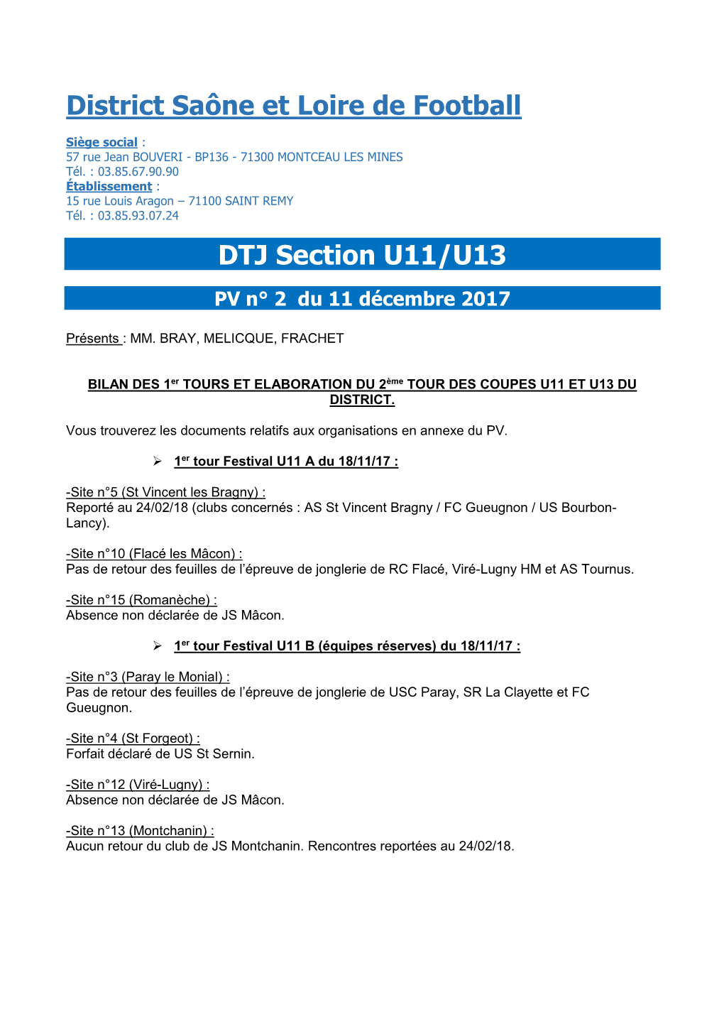 District Saône Et Loire De Football DTJ Section U11/U13