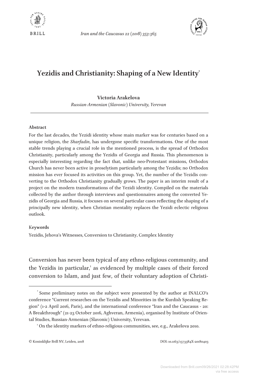 Yezidis and Christianity: Shaping of a New Identity*