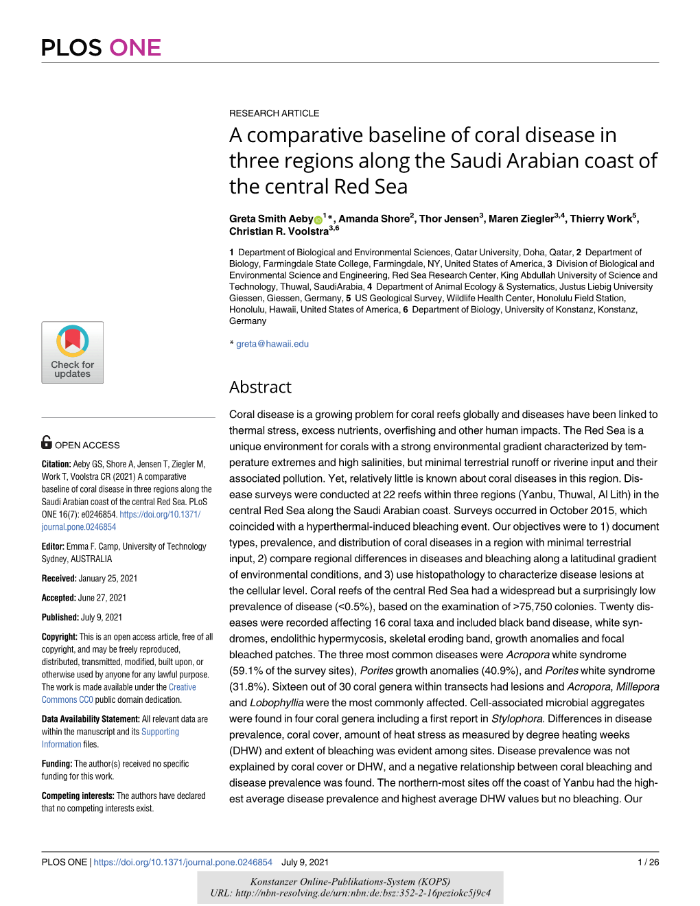 A Comparative Baseline of Coral Disease in Three Regions Along the Saudi Arabian Coast of the Central Red Sea