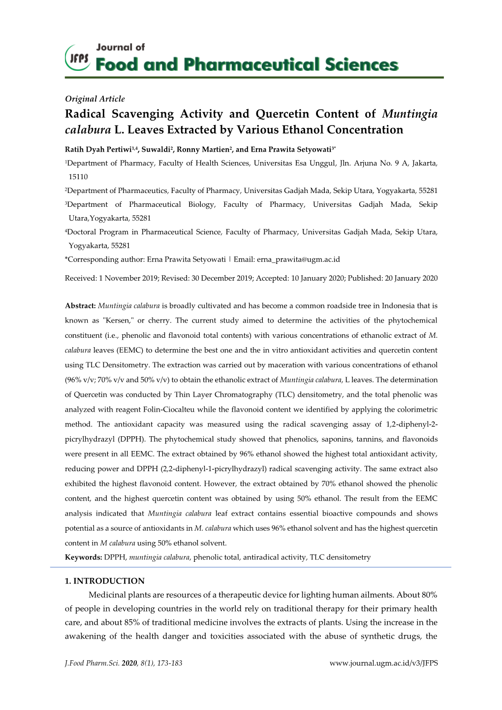 Radical Scavenging Activity and Quercetin Content of Muntingia Calabura L